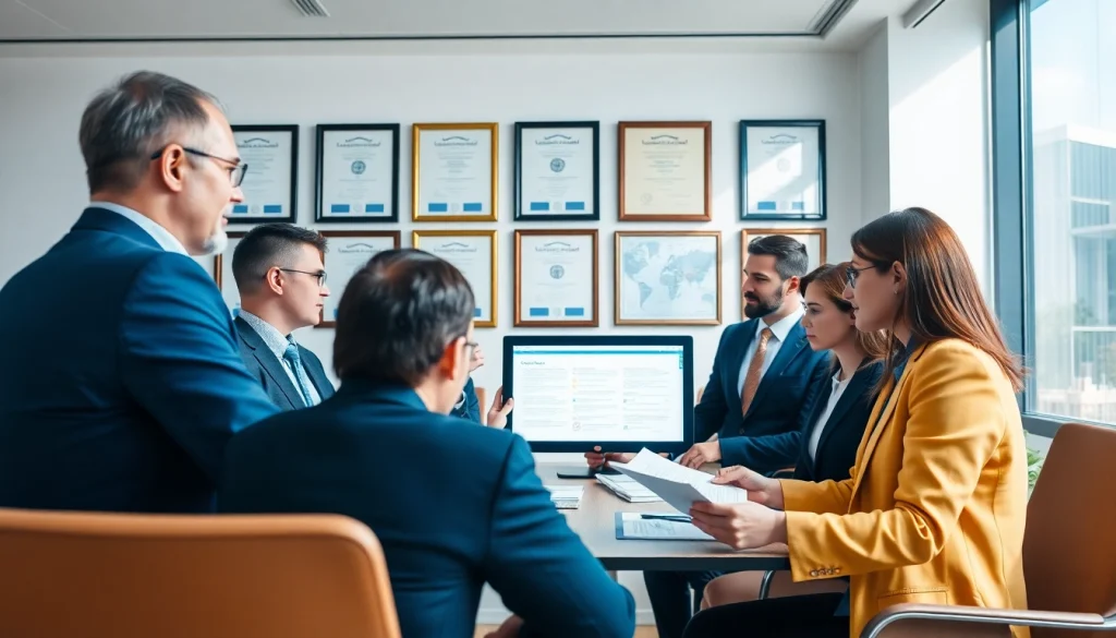 Engaging professionals discussing registration and certification in Federal databases in a modern office.
