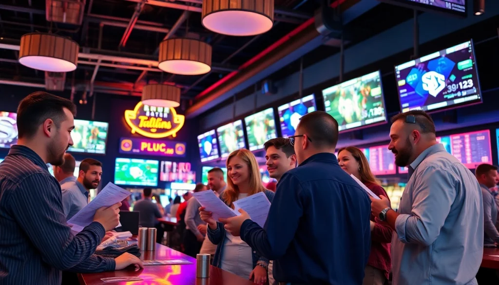 People enjoying sports betting at a lively sportsbook in South Carolina.