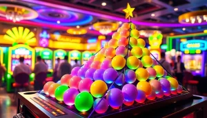 Menangkan permainan plink slot dengan bola yang mendebarkan di latar kasino yang meriah.