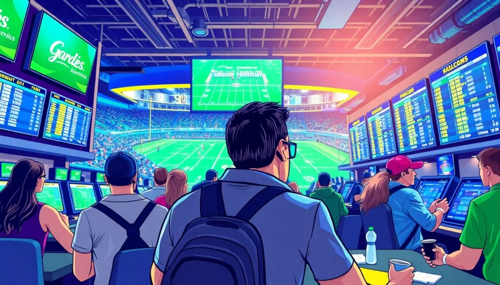 Engaged bettors at sportsbooks in Oklahoma with vibrant atmosphere and sports displays.