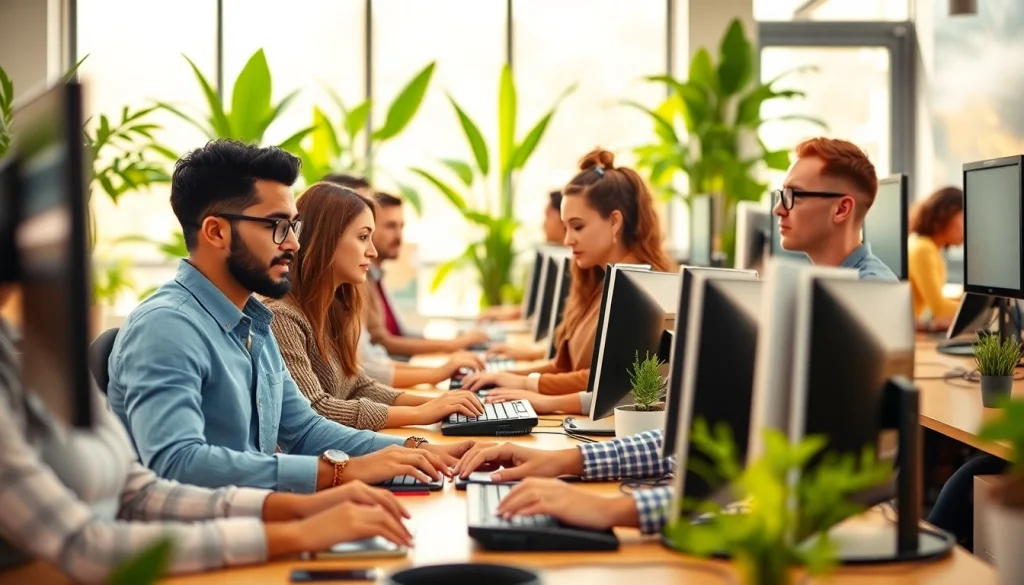 Engaged professionals at a well-equipped typing center, showcasing a productive work environment.