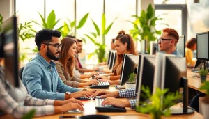 Engaged professionals at a well-equipped typing center, showcasing a productive work environment.