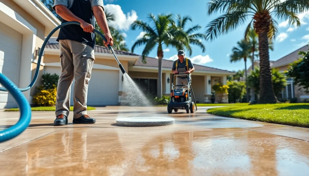Concrete cleaning in progress, showcasing a professional team using a pressure washer to remove stains and dirt from a driveway in Kissimmee, FL.