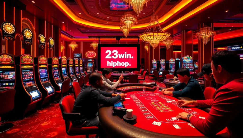Experience the excitement of 23win.hiphop with vibrant casino visuals featuring slot machines and poker.