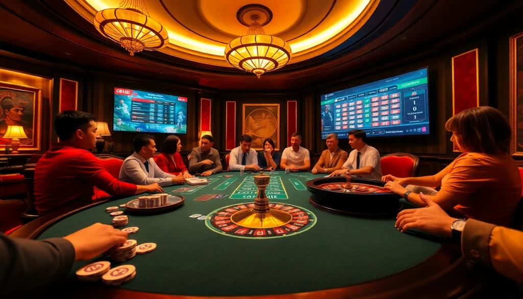 Experience the thrill of Bong da lu as players strategize at a vibrant casino table with poker chips and cards.
