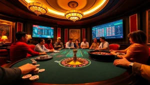 Experience the thrill of Bong da lu as players strategize at a vibrant casino table with poker chips and cards.