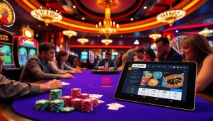 Players engage in intense poker at 88clb.courses, surrounded by vibrant casino decor and thrilling games.