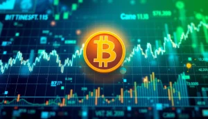 Ціна біткоїна з графіком коливань та символом Bitcoin на яскравому фоні.