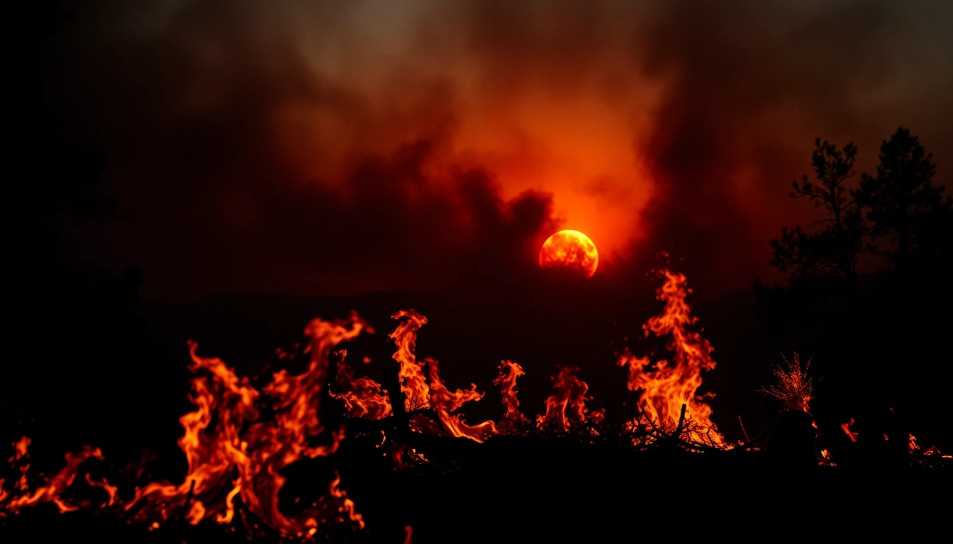 Impactful depiction of wildfire events illustrating intense flames and smoke.