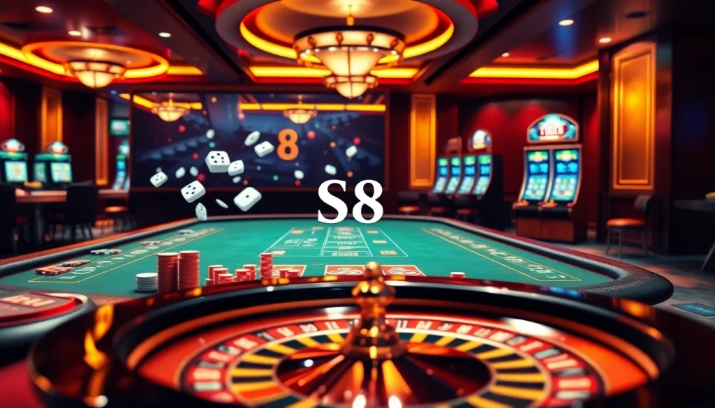 S8 players enjoying a thrilling online casino experience with vibrant games and elegant casino elements.