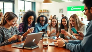 在咖啡馆使用 WhatsApp Web 与朋友互动，展现快连官网的连通性功能。