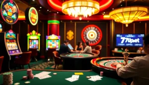 Experience thrilling gameplay at 7upbet with colorful slot machines and a lively poker table.