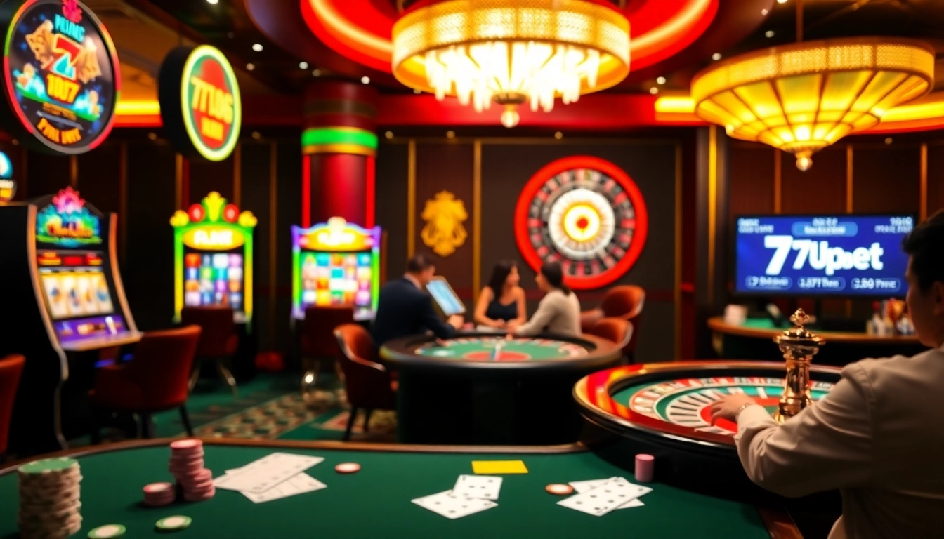 Experience thrilling gameplay at 7upbet with colorful slot machines and a lively poker table.
