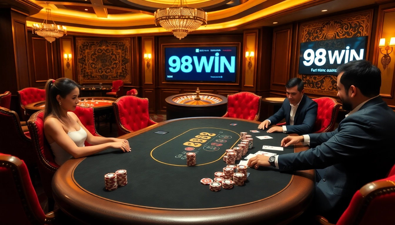 Exciting poker game scene at 98WIN casino, featuring vibrant chips and cards.