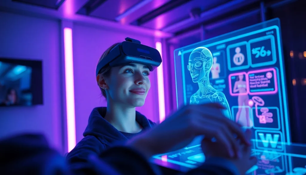 Engaging with an NSFW AI chatbot in a futuristic digital environment, showcasing technology and excitement.