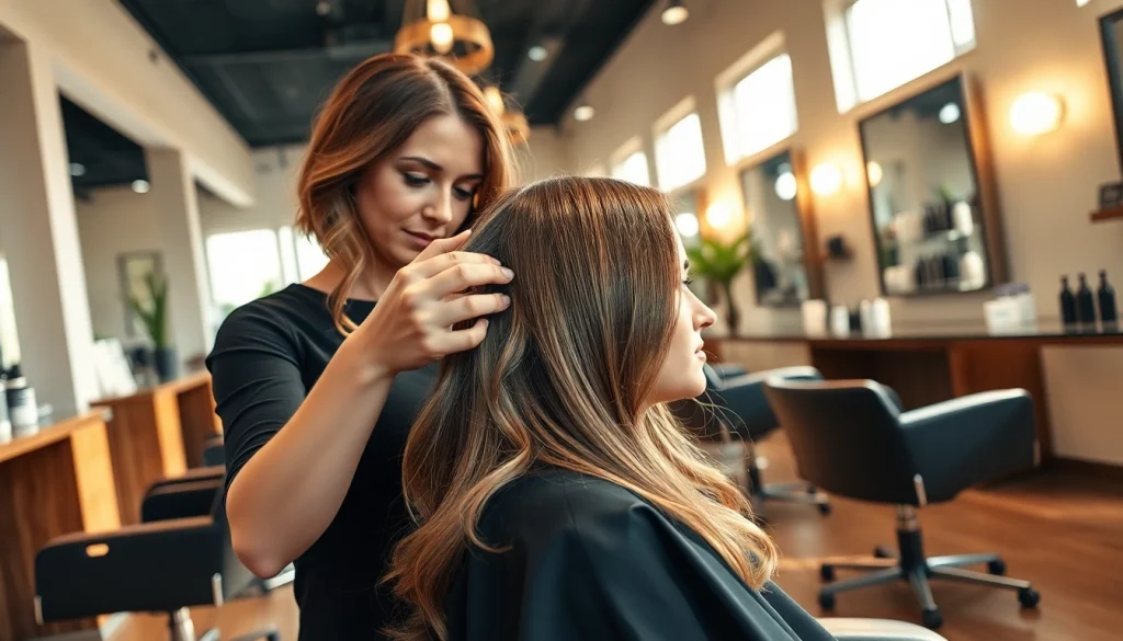 Stylish ambiance at hair salons san diego featuring professional hairstylist applying highlights to a client.