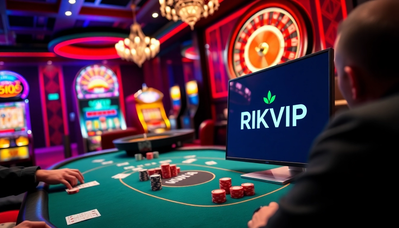 Engage in thrilling poker gameplay at RIKVIP, featuring colorful chips, cards, and an elegant casino atmosphere.