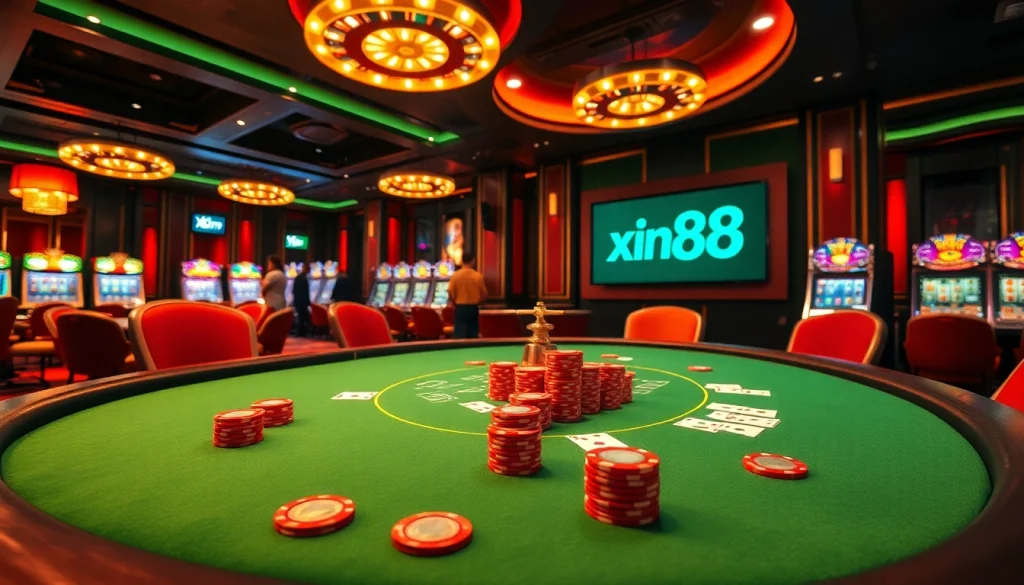 Exciting poker game scene at a xin88 casino featuring luxurious décor and high-stakes action.