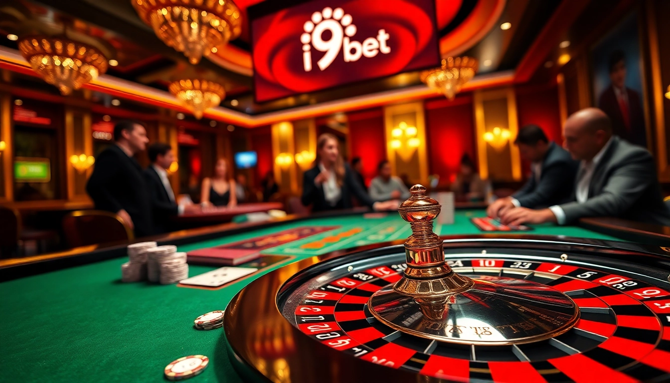 Experience the thrill of i9bet with vibrant casino action around a stylish roulette table.