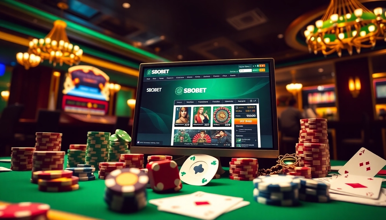 Place a bet using the link alternatif sbobet on a vibrant gambling interface filled with poker chips and cards.