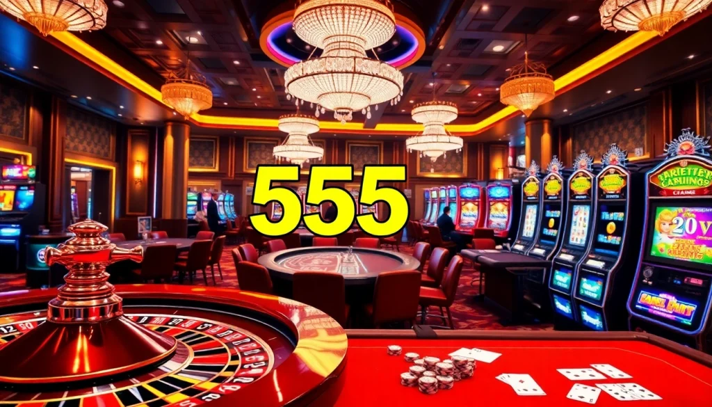 Experience the thrill of a 555 win at a luxurious casino with vibrant tables and slot machines.