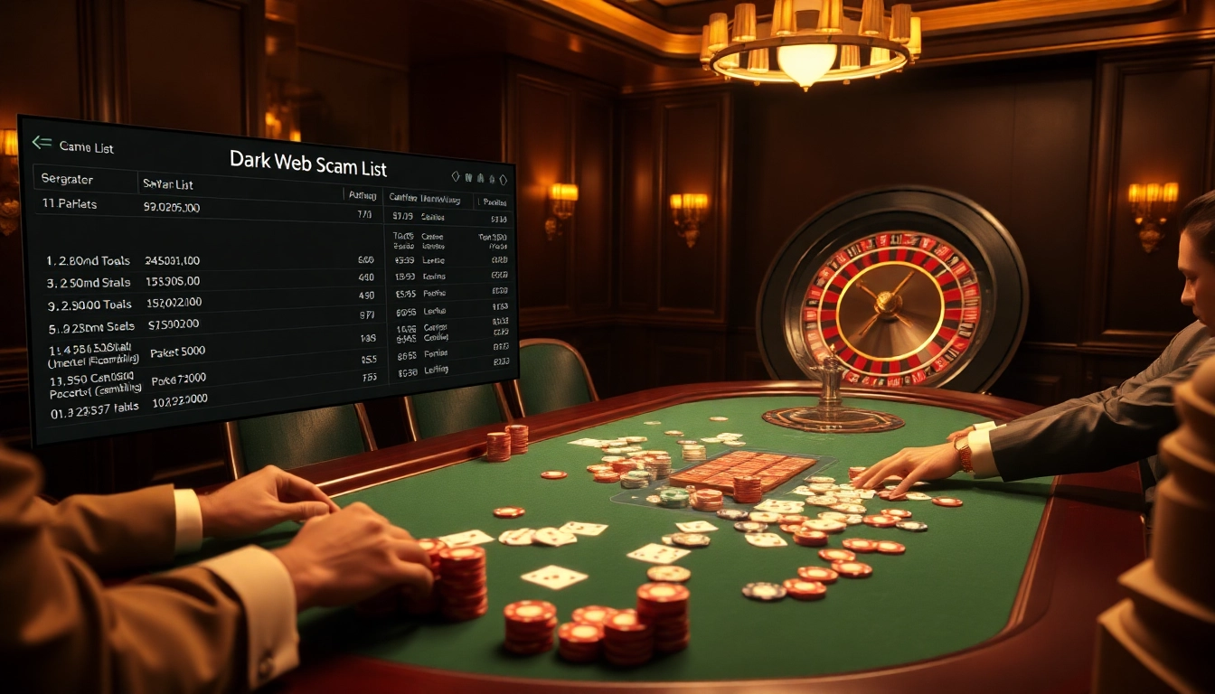 High-stakes poker scene with a dark web scam list displayed, capturing excitement and luxury.