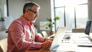 Consultant reviewing Registration and certification in Federal databases on laptop in a modern office.
