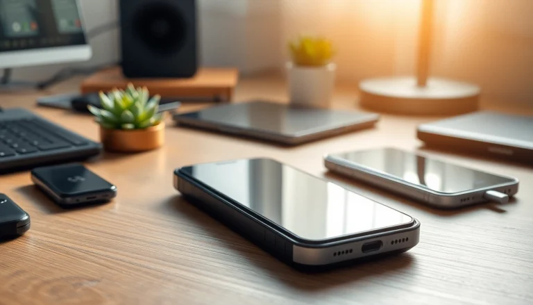 Phonelocker auf einem Schreibtisch, darunter moderne Gadgets und natürliche Beleuchtung.