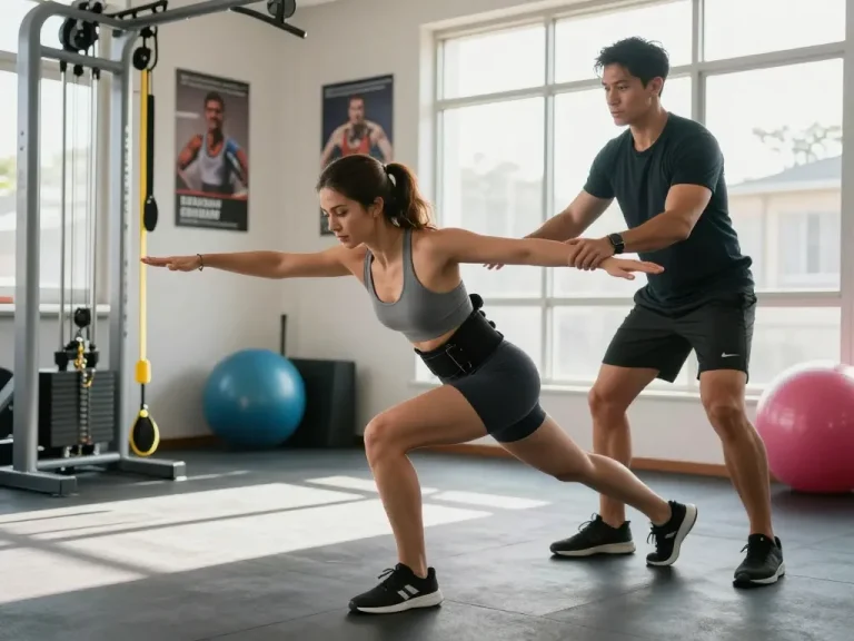 Athletic woman using a hip brace for hypermobility during an exercise in a bright gym setting.