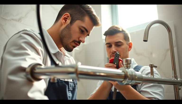 Professional plumber repairing a pipe in a contemporary bathroom with tools.
