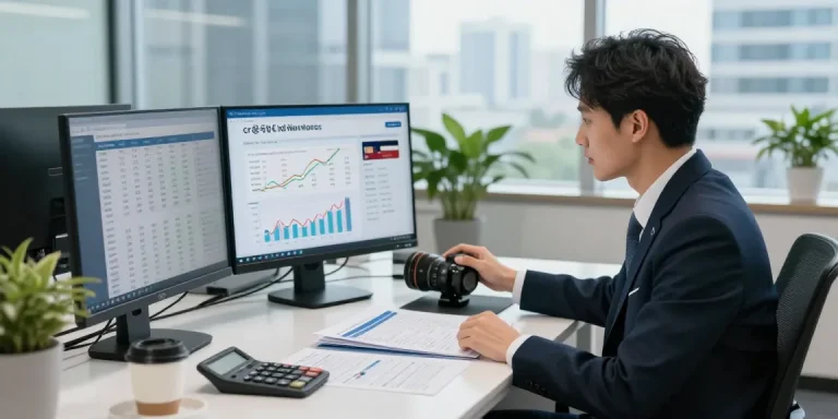 Professional consultant analyzing 신용카드현금화 services at a sleek desk with city view.