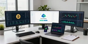 Safe cloud mining service showcased in a modern crypto trading workspace with multiple monitors and digital wallet interface.