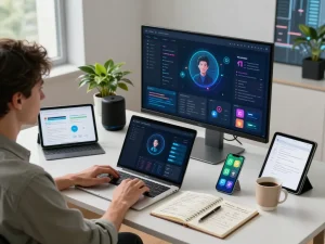 openclaw AI assistant displayed on laptop in a modern workspace with communication tools and data visualizations