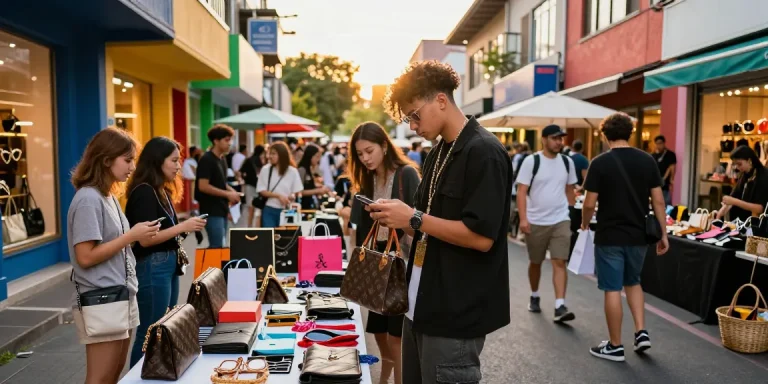 Luxury replica bags showcased at a vibrant street market, highlighting premium 레플리카 사이트 shopping experiences.