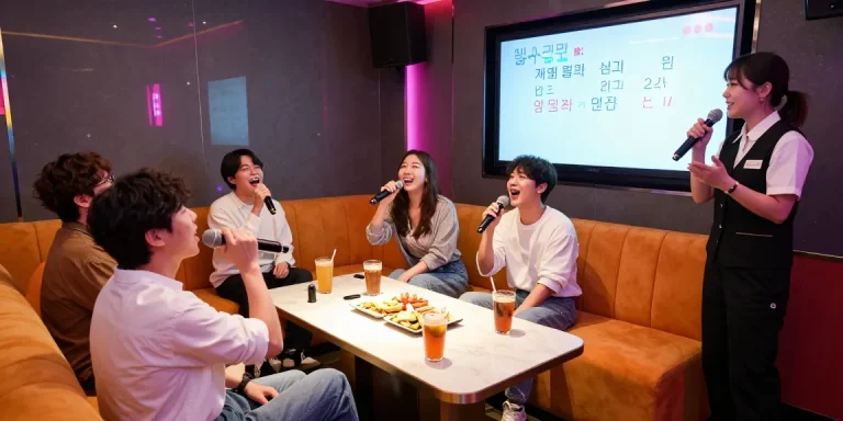 Group enjoying 제주유흥 in a vibrant karaoke room with neon lights.