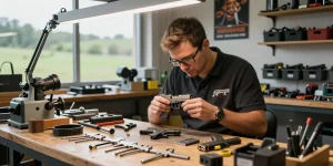 Precision Glock slides at https://precisionglockslides.com being expertly fitted, showcasing quality craftsmanship and customization in a workshop.