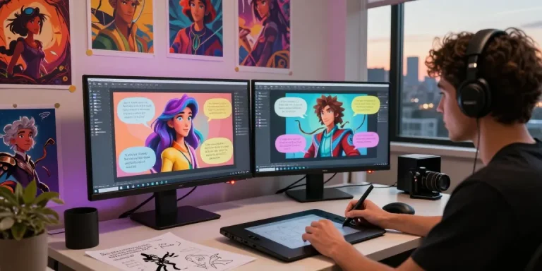 Creative workspace showcasing character AI NSFW interactions on dual screens with vibrant art styles and imaginative atmosphere.