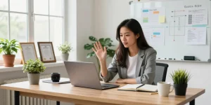 Self-employed consultant in a modern home office during a video call, showcasing a well-organized workspace.