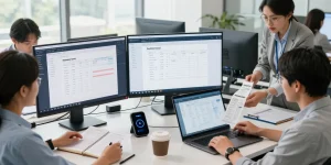 Professional team detecting fake receipt using AI technology in a modern office setting.