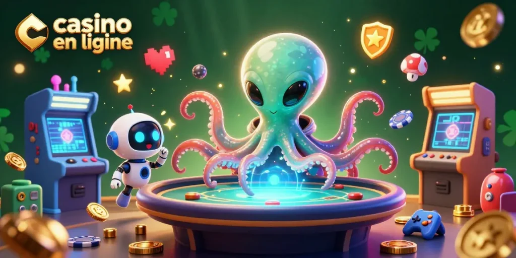Jouez sur un casino en ligne avec une illustration captivante d'un poulpe alien à une table de poker holographique.