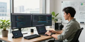Developer working in a modern office with multiple screens coding telegram官网 applications, showcasing a vibrant tech workspace.