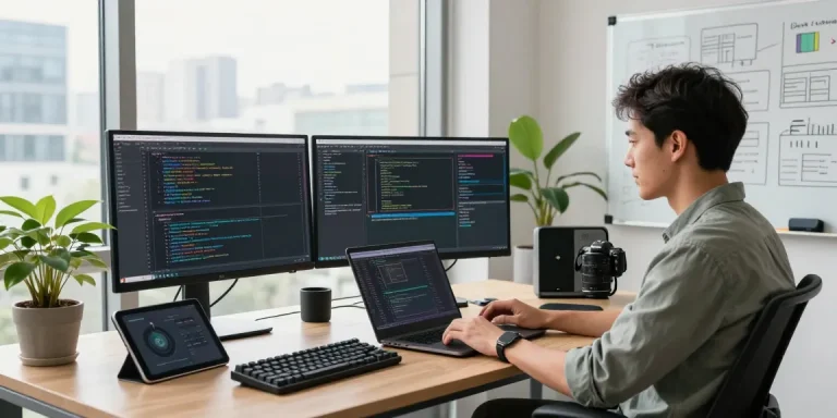 Developer working in a modern office with multiple screens coding telegram官网 applications, showcasing a vibrant tech workspace.