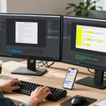 Dynamic workspace showcasing Snipaste下载 on dual monitors, vibrant tech atmosphere with a developer at work.