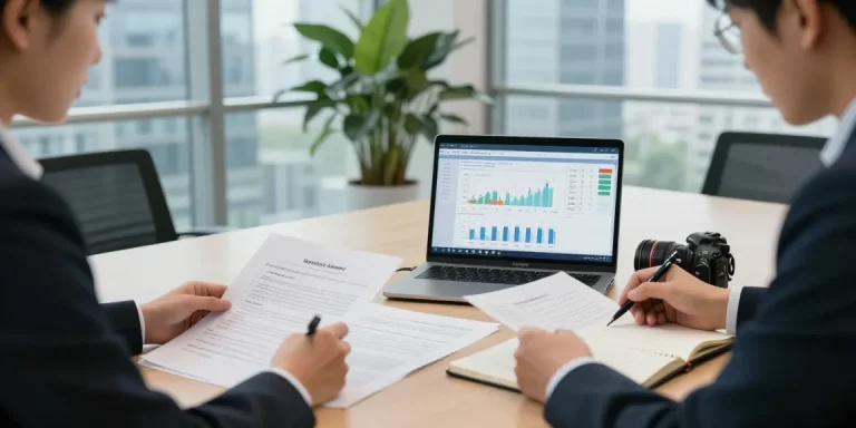 Analyze asset tracing data in a professional office environment with financial documents and analytics.