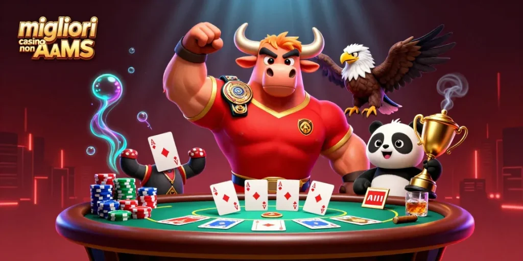 Gioca nei migliori casino non AAMS vincendo con il bull mascherato e amici in un'illustrazione vivace!