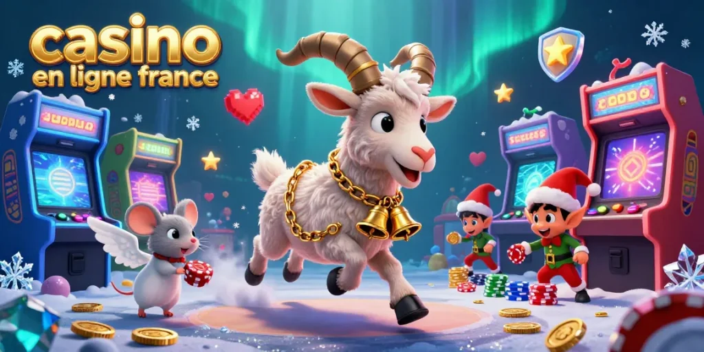 Une scène dynamique de casino en ligne France avec des personnages ludiques, des machines à arcade et des effets festifs.