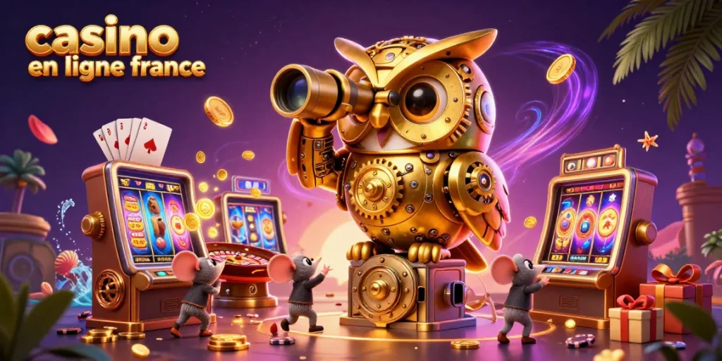 Illustration d'un casino en ligne France montrant une chouette à rouages et des souris jouant aux machines à sous.