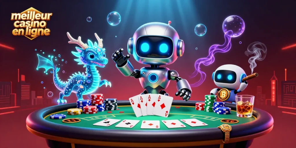 Jouez sur le meilleur casino en ligne avec un robot cyberpunk et un dragon holographique au poker.