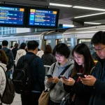 Real-time subway arrivals displayed at a busy urban station with commuters checking their smartphones.