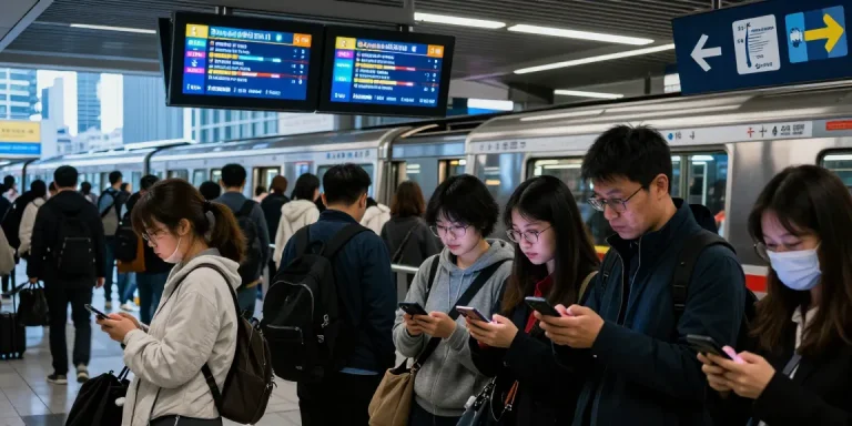 Real-time subway arrivals displayed at a busy urban station with commuters checking their smartphones.
